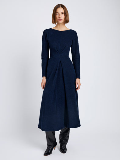 Proenza Schouler Front full length image of model wearing Sai Dress in Wool Jersey in Ink Melange