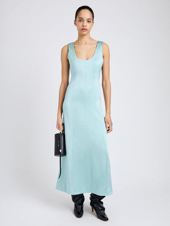 Proenza Schouler Front full length image of model wearing Isabelle Dress in Crinkled Crepe in Sea Glass