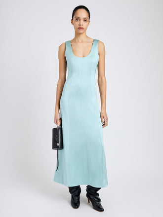 Proenza Schouler Front full length image of model wearing Isabelle Dress in Crinkled Crepe in Sea Glass