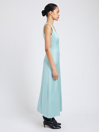 Proenza Schouler Side full length image of model wearing Isabelle Dress in Crinkled Crepe in Sea Glass