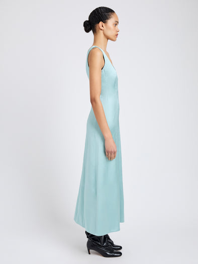 Proenza Schouler Side full length image of model wearing Isabelle Dress in Crinkled Crepe in Sea Glass