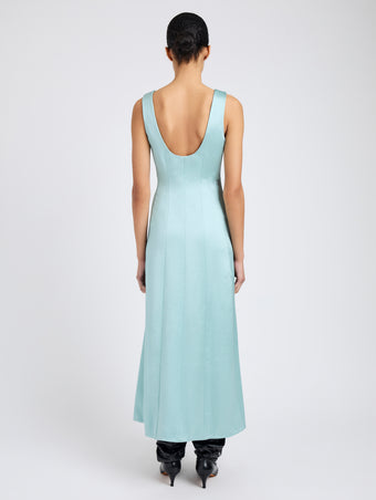 Proenza Schouler Back full length image of model wearing Isabelle Dress in Crinkled Crepe in Sea Glass