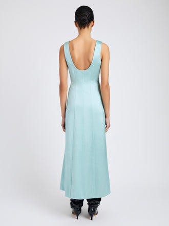 Proenza Schouler Back full length image of model wearing Isabelle Dress in Crinkled Crepe in Sea Glass