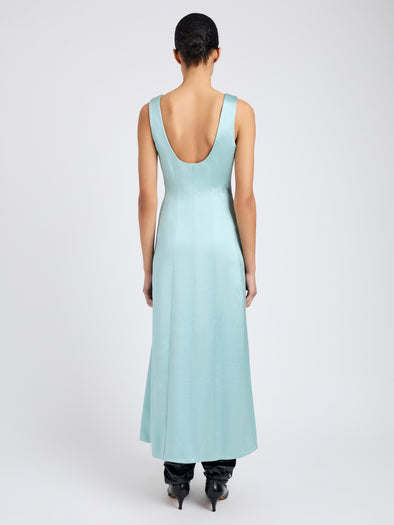 Proenza Schouler Back full length image of model wearing Isabelle Dress in Crinkled Crepe in Sea Glass