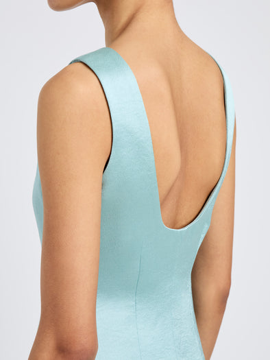 Proenza Schouler Detail image of model wearing Isabelle Dress in Crinkled Crepe in Sea Glass