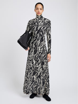 Proenza Schouler Front full length image of model wearing Mabel Dress in Marble Jersey in Asphalt Multi