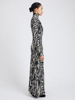 Proenza Schouler Side full length image of model wearing Mabel Dress in Marble Jersey in Asphalt Multi