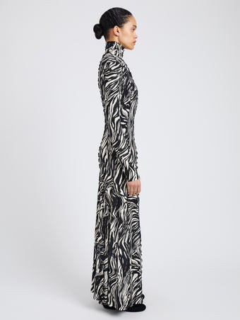 Proenza Schouler Side full length image of model wearing Mabel Dress in Marble Jersey in Asphalt Multi
