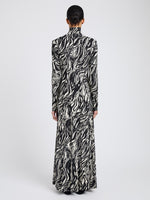 Proenza Schouler Back full length image of model wearing Mabel Dress in Marble Jersey in Asphalt Multi