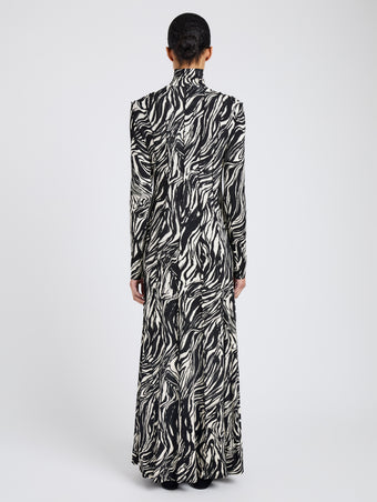 Proenza Schouler Back full length image of model wearing Mabel Dress in Marble Jersey in Asphalt Multi