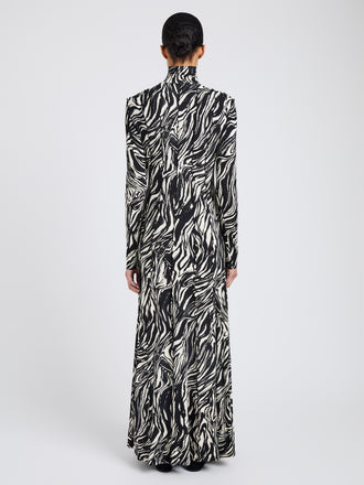 Proenza Schouler Back full length image of model wearing Mabel Dress in Marble Jersey in Asphalt Multi