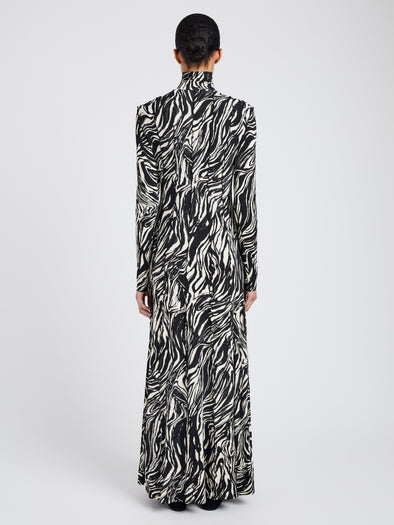 Proenza Schouler Back full length image of model wearing Mabel Dress in Marble Jersey in Asphalt Multi