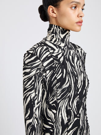 Proenza Schouler Detail image of model wearing Mabel Dress in Marble Jersey in Asphalt Multi