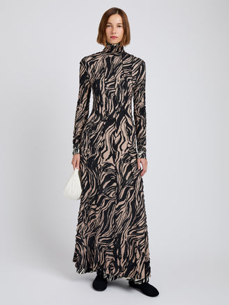 Proenza Schouler Front full length image of model wearing Mabel Dress in Marble Jersey in Fawn Multi