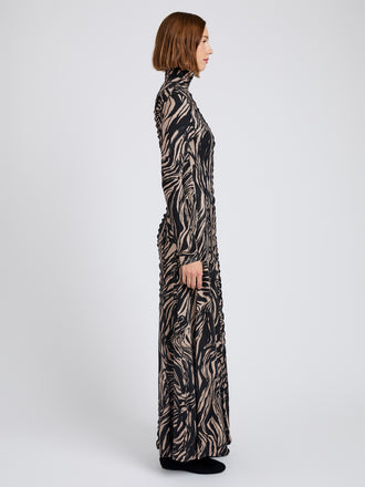 Proenza Schouler Side full length image of model wearing Mabel Dress in Marble Jersey in Fawn Multi