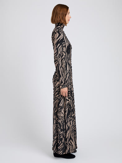 Proenza Schouler Side full length image of model wearing Mabel Dress in Marble Jersey in Fawn Multi