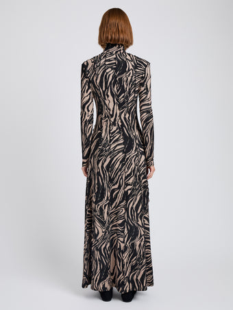 Proenza Schouler Back full length image of model wearing Mabel Dress in Marble Jersey in Fawn Multi