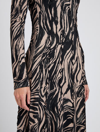 Proenza Schouler Detail image of model wearing Mabel Dress in Marble Jersey in Fawn Multi