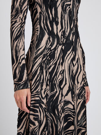 Proenza Schouler Detail image of model wearing Mabel Dress in Marble Jersey in Fawn Multi