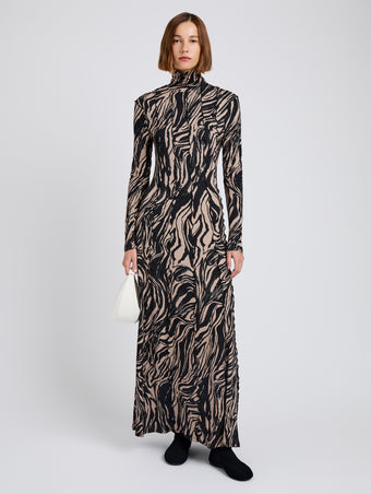 Proenza Schouler Front full length image of model wearing Mabel Dress in Marble Jersey in Fawn Multi