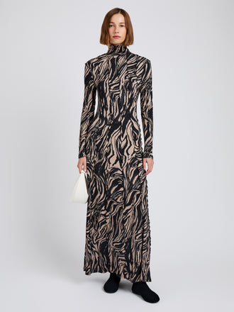 Proenza Schouler Front full length image of model wearing Mabel Dress in Marble Jersey in Fawn Multi