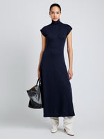 Proenza Schouler Front full length image of model wearing Brea Dress in Brushed Rib in Navy