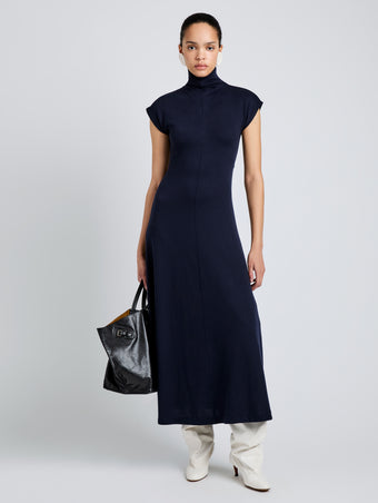 Proenza Schouler Front full length image of model wearing Brea Dress in Brushed Rib in Navy