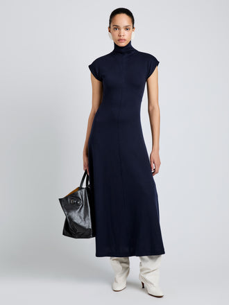 Proenza Schouler Front full length image of model wearing Brea Dress in Brushed Rib in Navy
