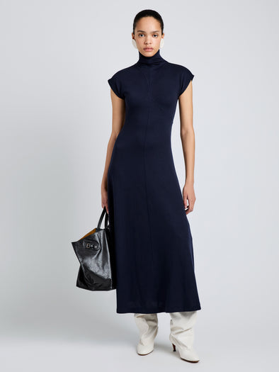 Proenza Schouler Front full length image of model wearing Brea Dress in Brushed Rib in Navy