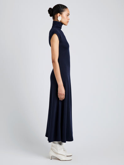 Proenza Schouler Side full length image of model wearing Brea Dress in Brushed Rib in Navy