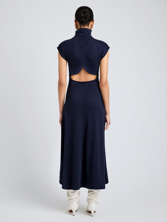 Proenza Schouler Back full length image of model wearing Brea Dress in Brushed Rib in Navy