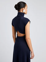 Proenza Schouler Detail image of model wearing Brea Dress in Brushed Rib in Navy