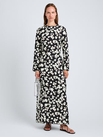 Proenza Schouler Front full length image of model wearing Waverly Dress in Printed Soft Twill in Black Floral