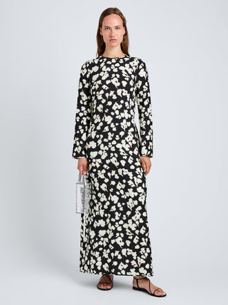 Proenza Schouler Front full length image of model wearing Waverly Dress in Printed Soft Twill in Black Floral
