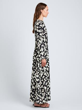 Proenza Schouler Side full length image of model wearing Waverly Dress in Printed Soft Twill in Black Floral