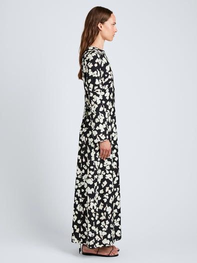 Proenza Schouler Side full length image of model wearing Waverly Dress in Printed Soft Twill in Black Floral