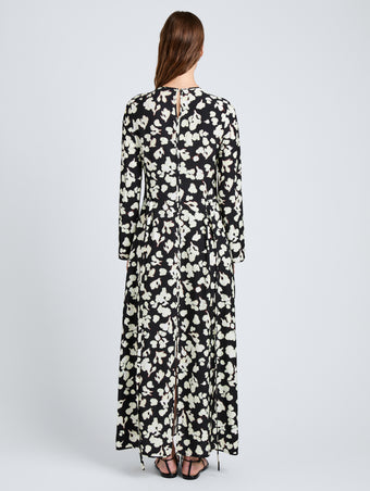 Proenza Schouler Back full length image of model wearing Waverly Dress in Printed Soft Twill in Black Floral