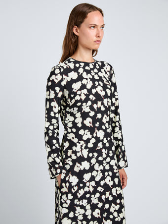 Proenza Schouler Detail image of model wearing Waverly Dress in Printed Soft Twill in Black Floral
