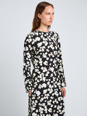 Proenza Schouler Detail image of model wearing Waverly Dress in Printed Soft Twill in Black Floral