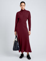 Proenza Schouler Front full length image of model wearing Soren Dress in Rib Crepe in Wine