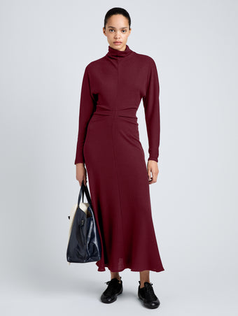 Proenza Schouler Front full length image of model wearing Soren Dress in Rib Crepe in Wine