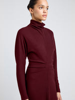 Proenza Schouler Detail image of model wearing Soren Dress in Rib Crepe in Wine
