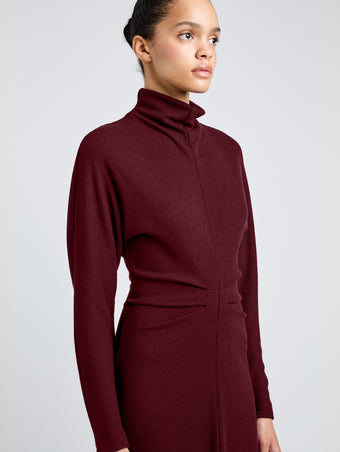 Proenza Schouler Detail image of model wearing Soren Dress in Rib Crepe in Wine