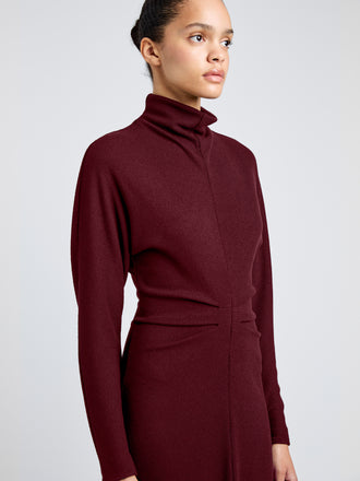 Proenza Schouler Detail image of model wearing Soren Dress in Rib Crepe in Wine
