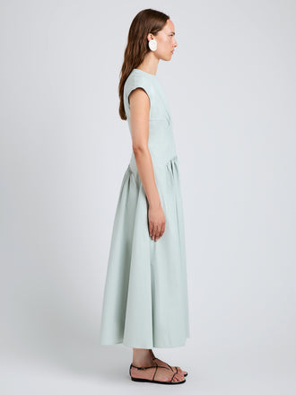 Proenza Schouler Side full length image of model wearing Nyssa Dress in Tech Cotton in Jade