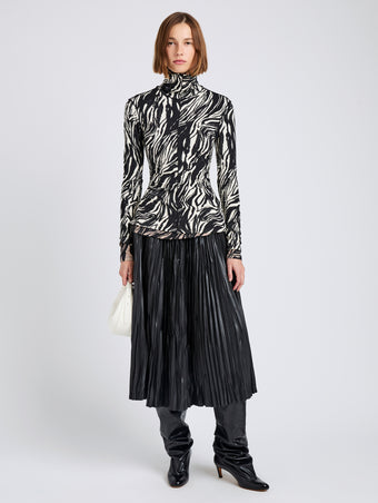 Proenza Schouler Front full length image of model wearing Audrey Top in Marble Jersey in Asphalt Multi