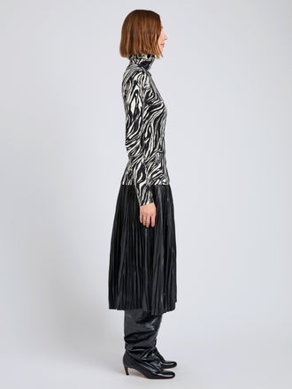 Proenza Schouler Side full length image of model wearing Audrey Top in Marble Jersey in Asphalt Multi