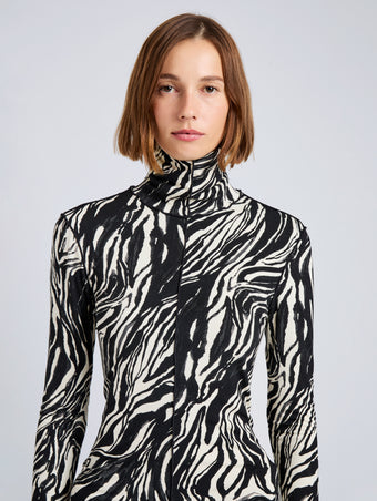 Proenza Schouler Detail image of model wearing Audrey Top in Marble Jersey in Asphalt Multi