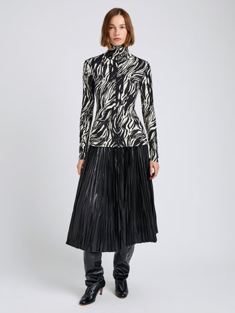 Proenza Schouler Front full length image of model wearing Audrey Top in Marble Jersey in Asphalt Multi