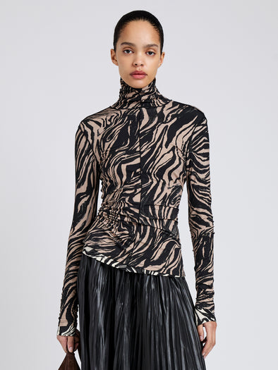 Proenza Schouler Front cropped image of model wearing Audrey Top in Marble Jersey in Fawn Multi